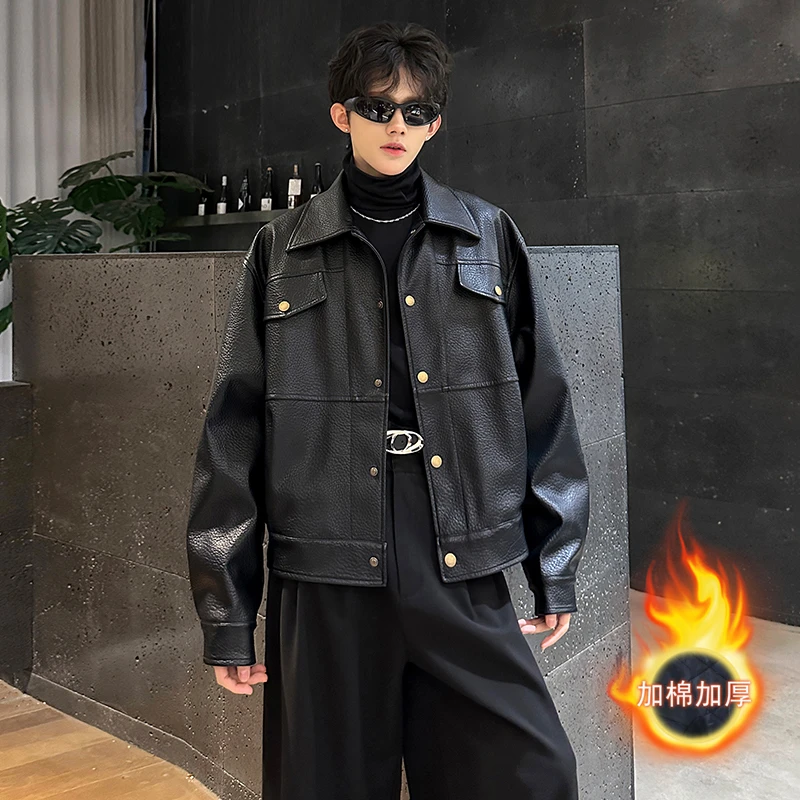 加棉加厚高级感荔枝纹皮衣外套男秋冬季落肩宽松痞帅潮流男装夹克