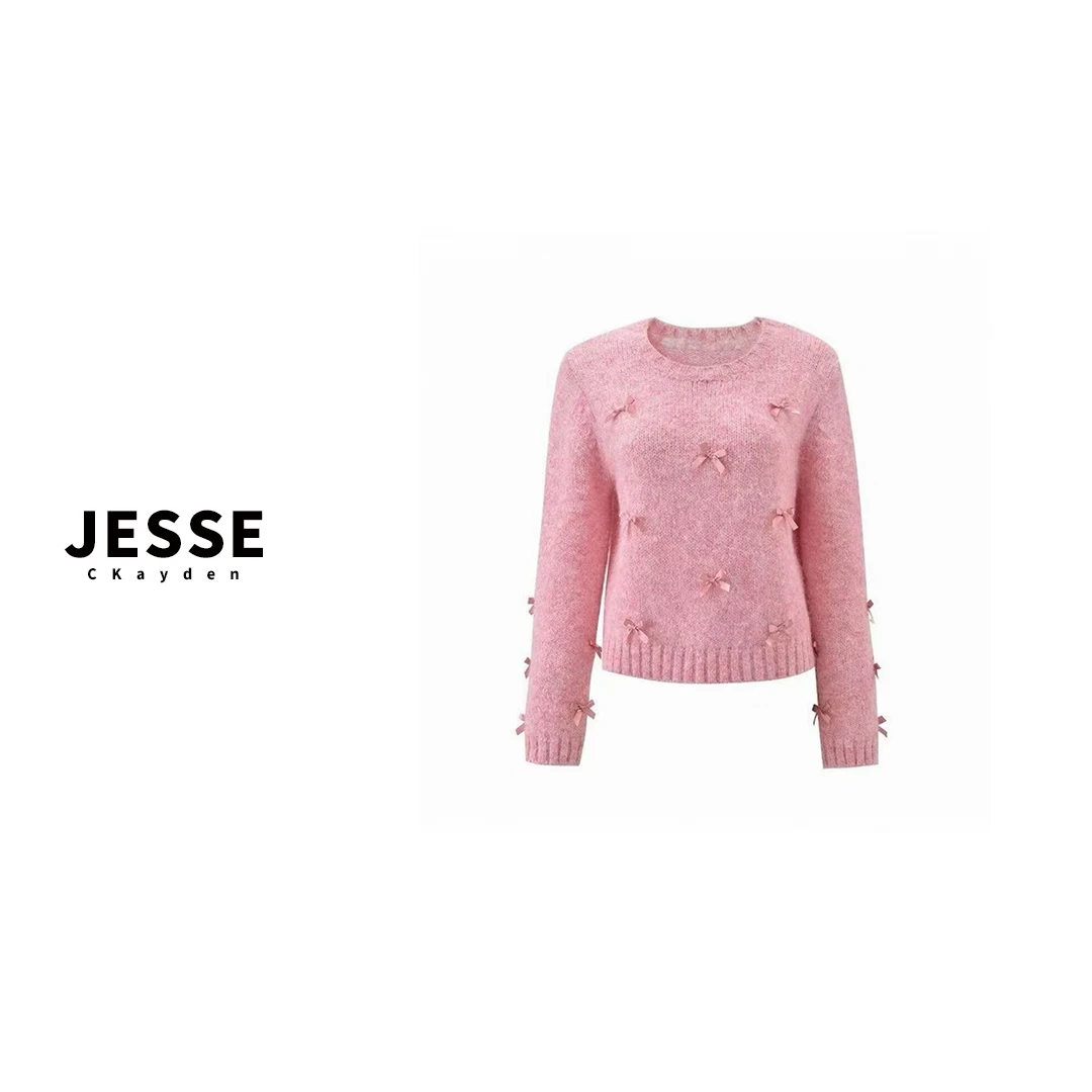 粉色休闲长袖针织常规款冬季毛针织衫宽松圆领上衣SS0654