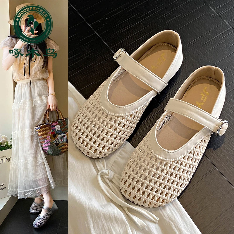 啄木鸟韩版镂空编织网鞋凉鞋女2025夏新款浅口一字扣平底洞洞单鞋