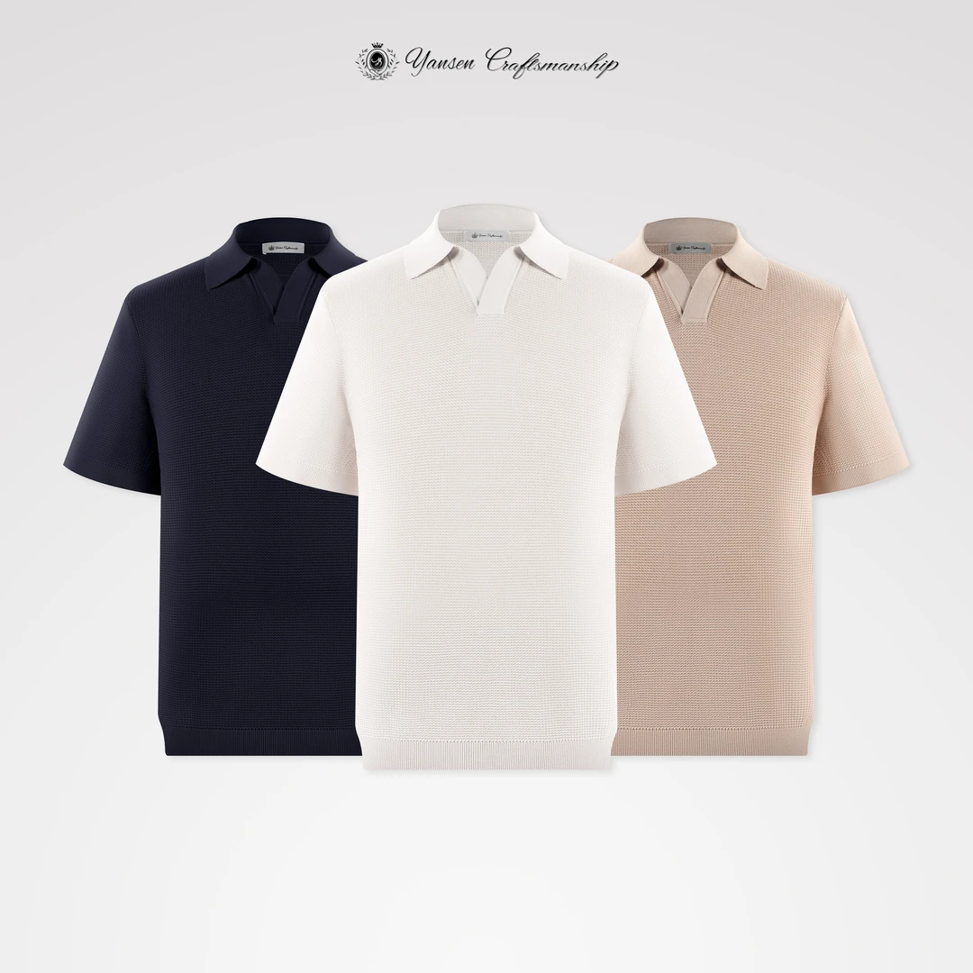 【顶奢系列】桑蚕丝亚麻定制纱线125支海鸥领老钱风针织短袖YSM007