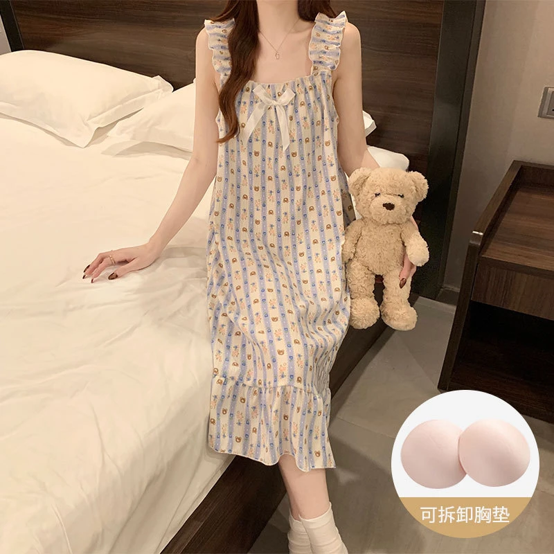 带胸垫韩版睡衣女夏季2025年新款云朵棉吊带睡裙家居服甜美可爱