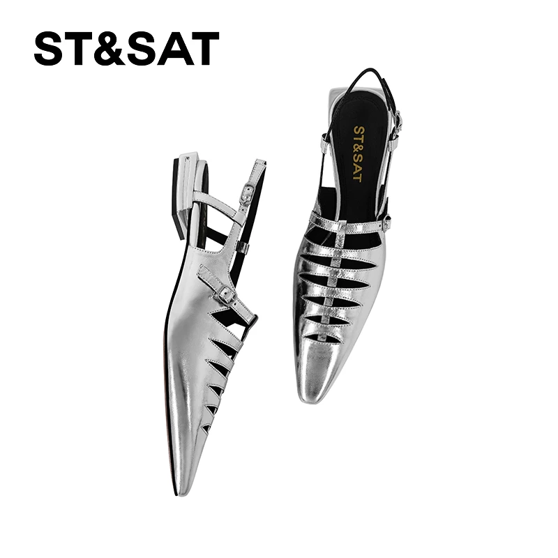 St&Sat/星期六白色休闲一字式扣带低跟单鞋镂空时尚尖头时装凉鞋