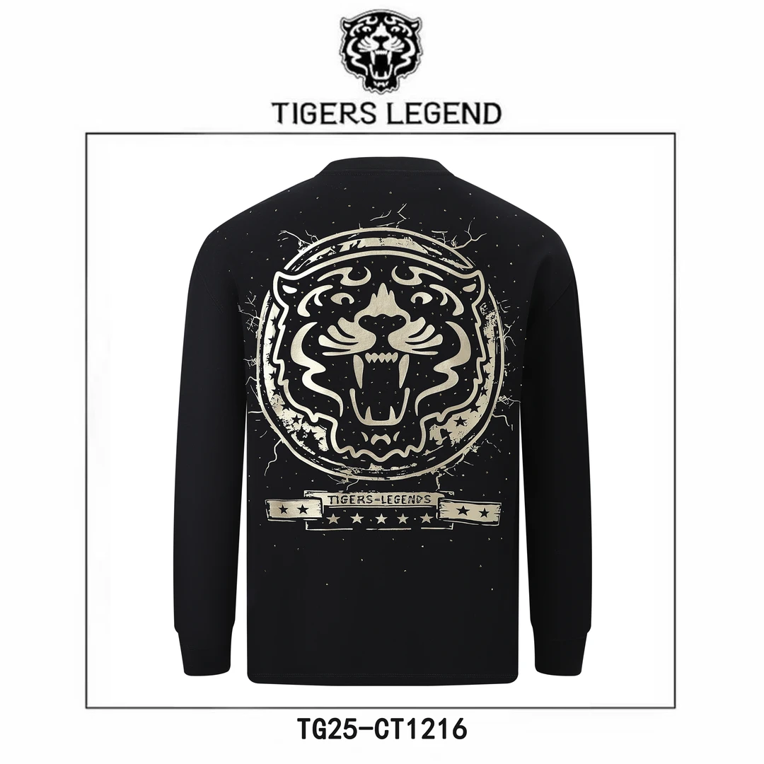 TIGERS LEGEND轻奢时尚虎头烫钻全棉打底黑色印花圆领打底CT1216