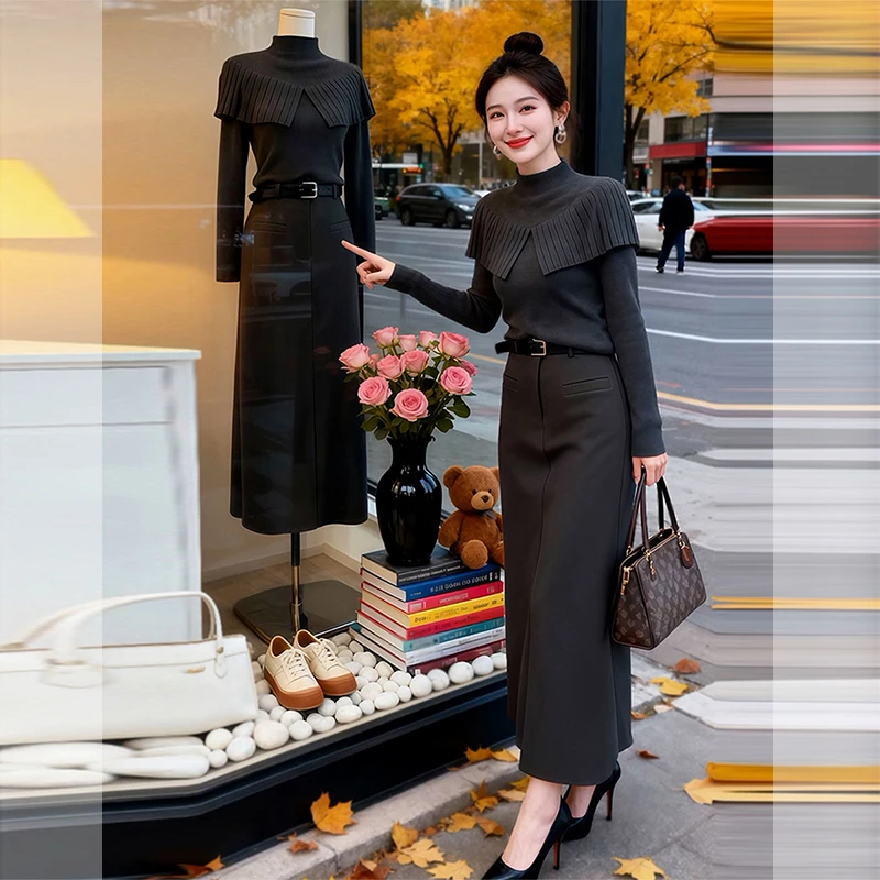 冬装搭配一整套时尚洋气高级感巨好看灰色荷叶边披肩毛衣套装裙女