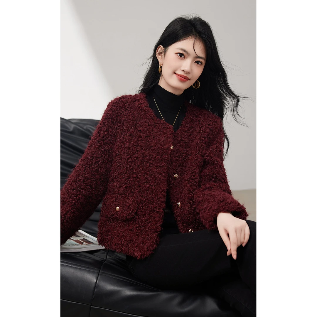 复古红色毛绒外套女短款秋冬2025新款法式小香风气质百搭保暖上衣