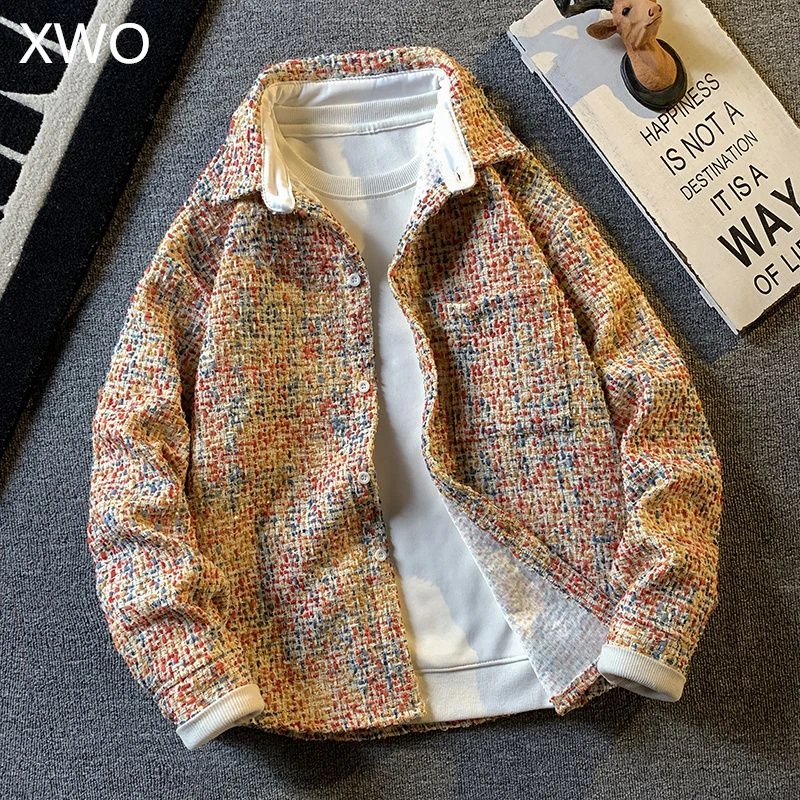 复古香风外套男宽松2025春秋高级潮流翻领夹克格子衬衫休闲上衣