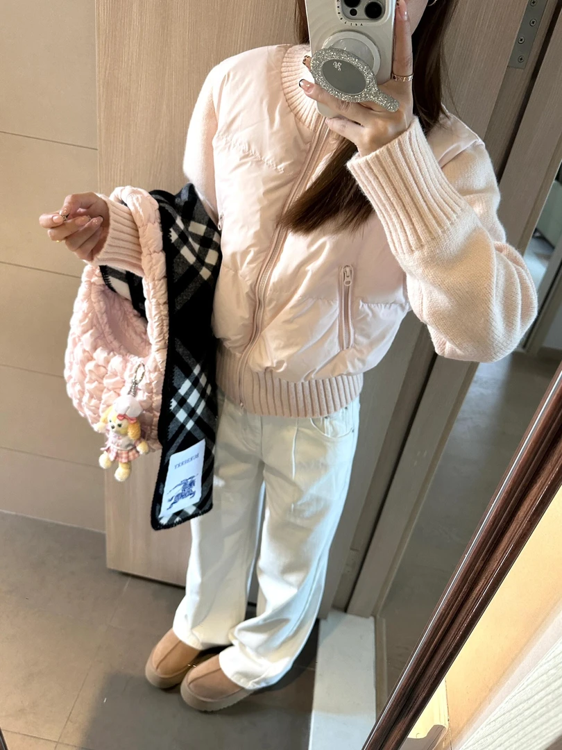 韩系甜美粉色针织拼接立领短款棉服冬季新款小个子设计感修身外套