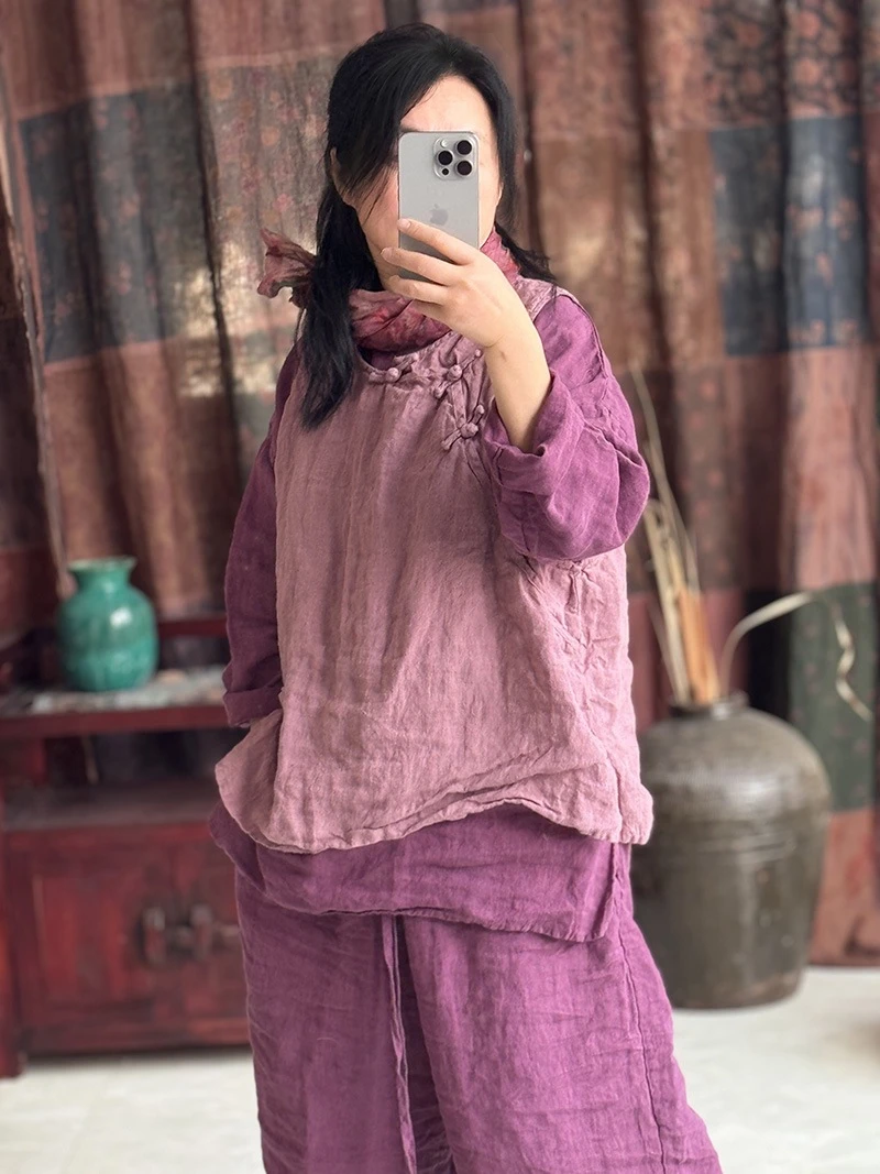 4399亚麻高温水洗宽松圆领上衣 复古文艺女装