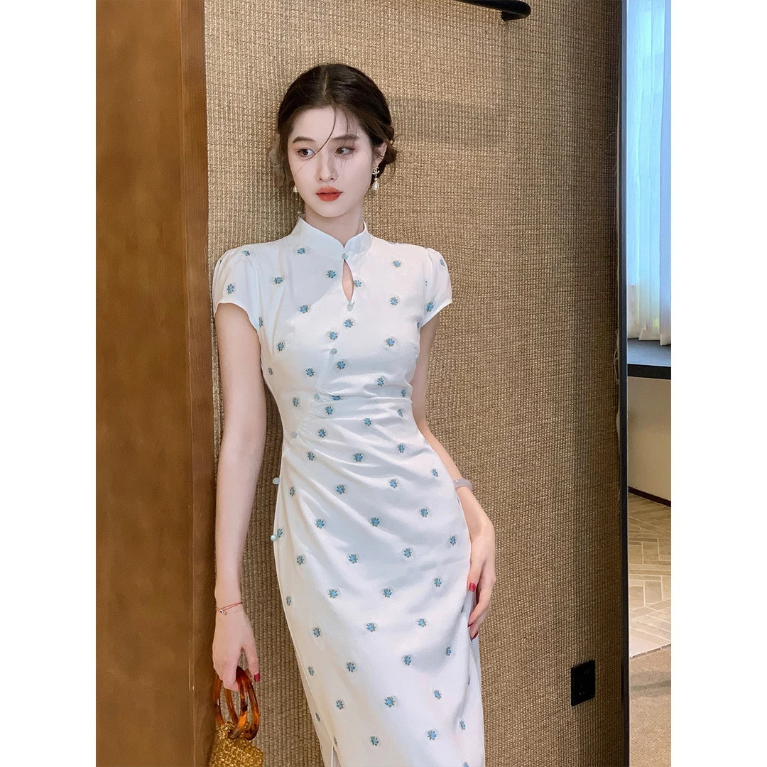 凌茜恣禾【杏绡谣】国风新中式杏蓝提花连衣裙淡雅气质感改良旗袍裙