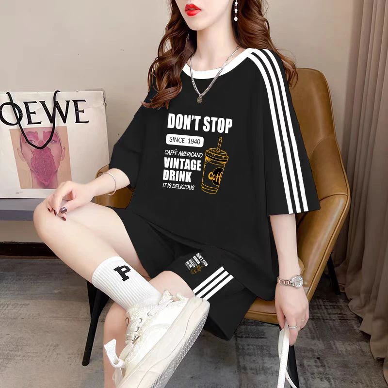 2025夏季新款爆款宽松减龄套装女休闲时尚运动短袖短裤两件套大码