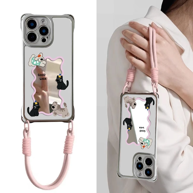可爱小狗波浪电镀镜面四角挂绳适用苹果16pro华为vivo小米手机壳