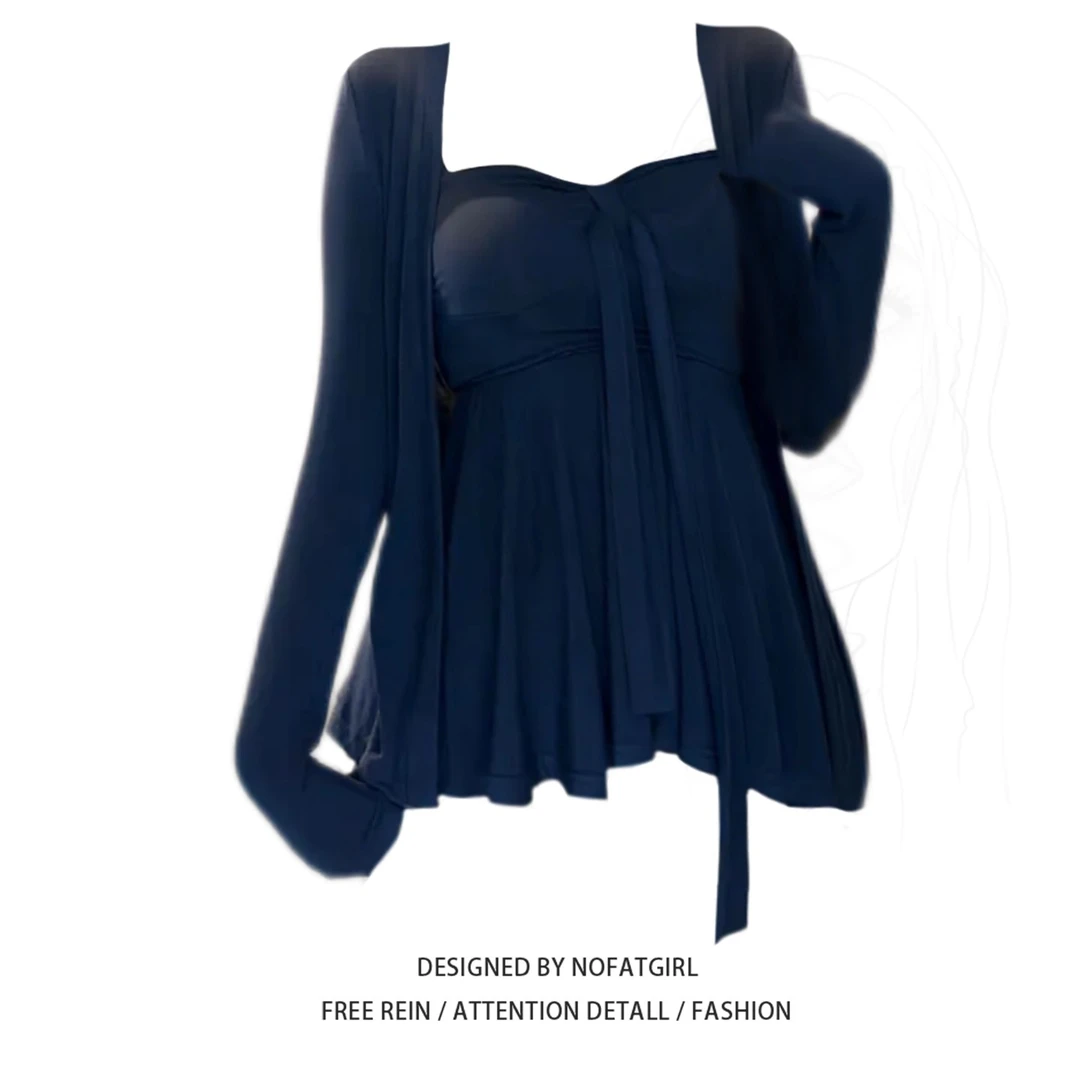 大码胖MM纯欲风扭结褶皱飘带长袖上衣女夏季修身显瘦开衫上衣套装