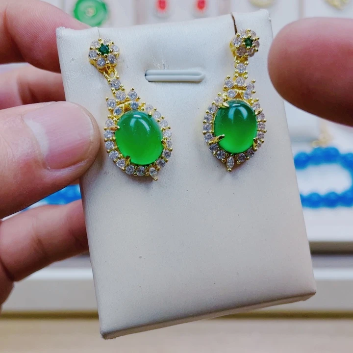 玛瑙/玉髓耳钉合金绿色耳坠