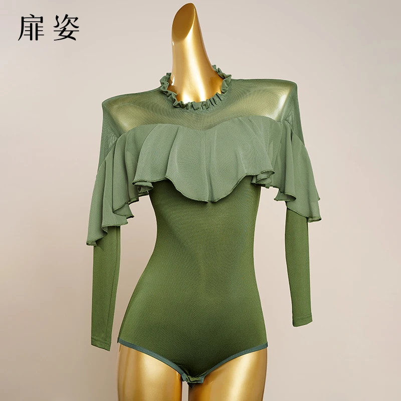 扉姿 摩登舞服女士连体衣新款长袖交谊舞练功服运动玩咖上衣F1228