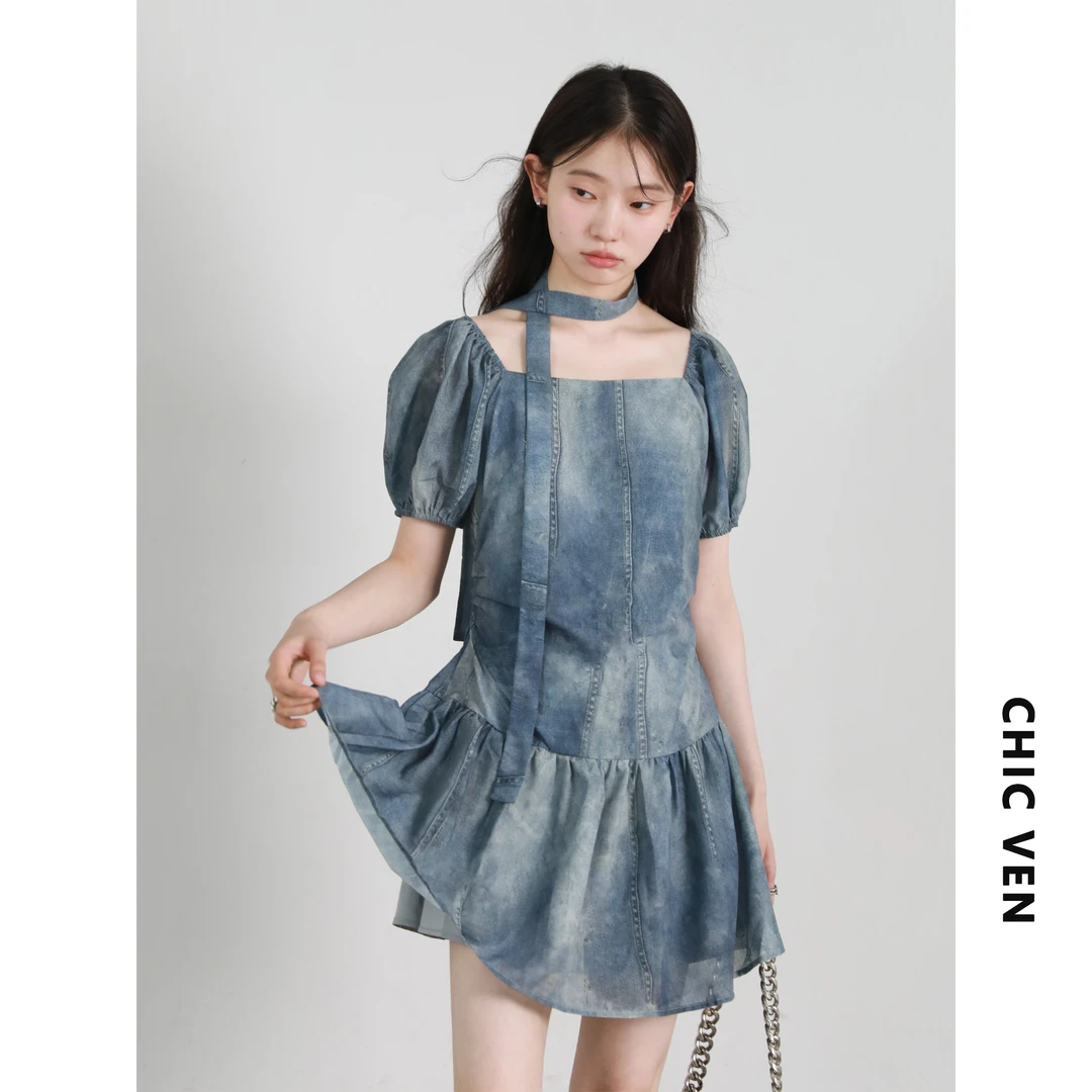 夏季新款方领连衣裙仿牛仔飘带小个子收腰短裙女125XLYQ0443