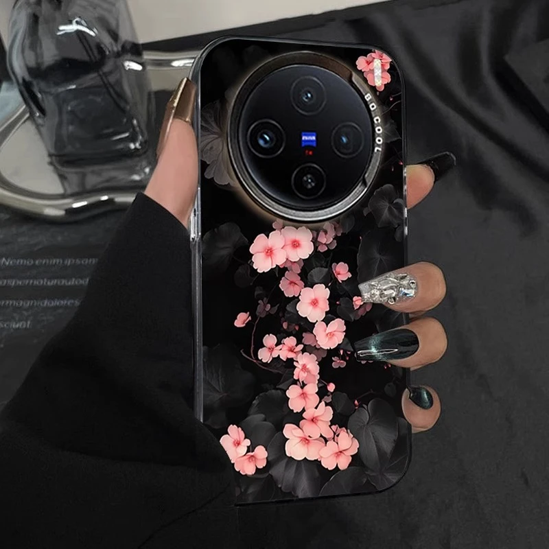 黑叶粉色花适用vivoX200pro手机壳清新唯美轻奢网红爆款s20pro女