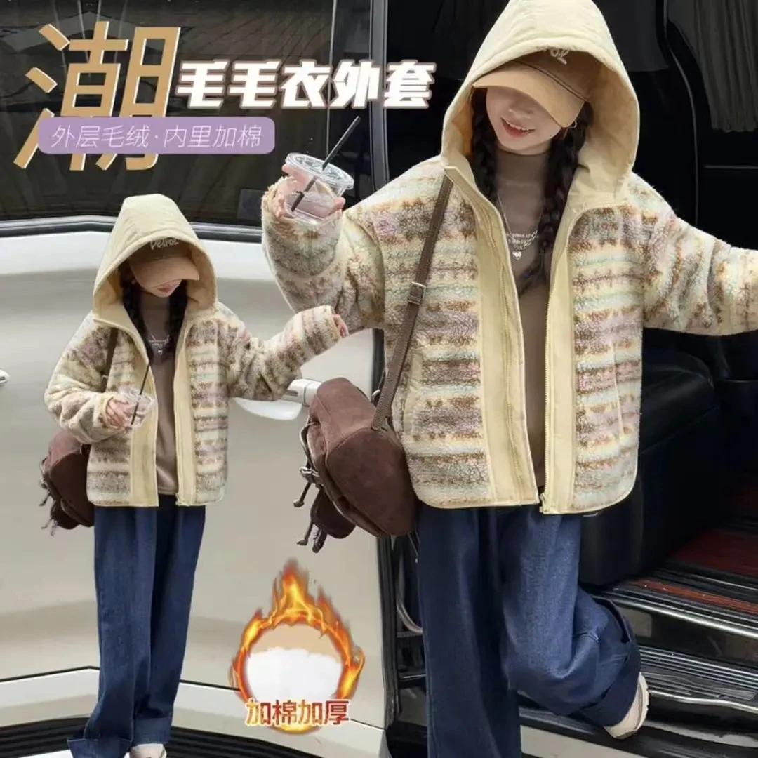 女童秋冬季毛毛衣新款外套花纹时尚女童保暖中大童儿童加厚外套潮