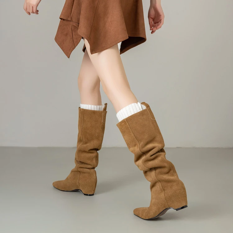 内增高高跟秋冬皮靴显瘦单靴高筒女棕色堆堆靴反绒皮真皮女靴 SLF