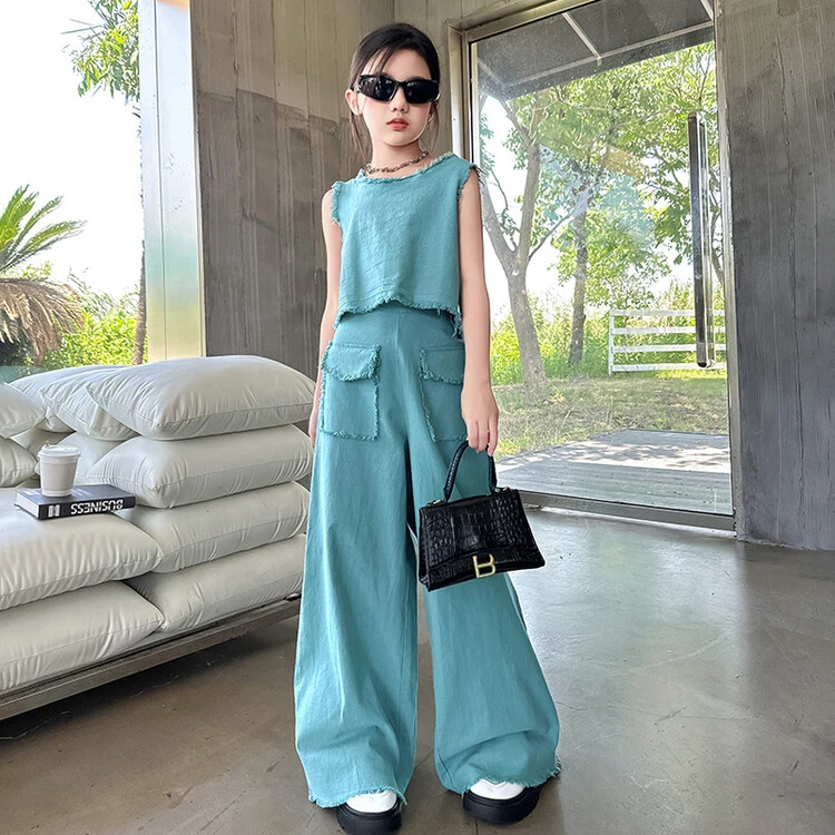 T春夏新款独特洋气时髦品质休闲春装韩范中大童女童纯色牛仔套装