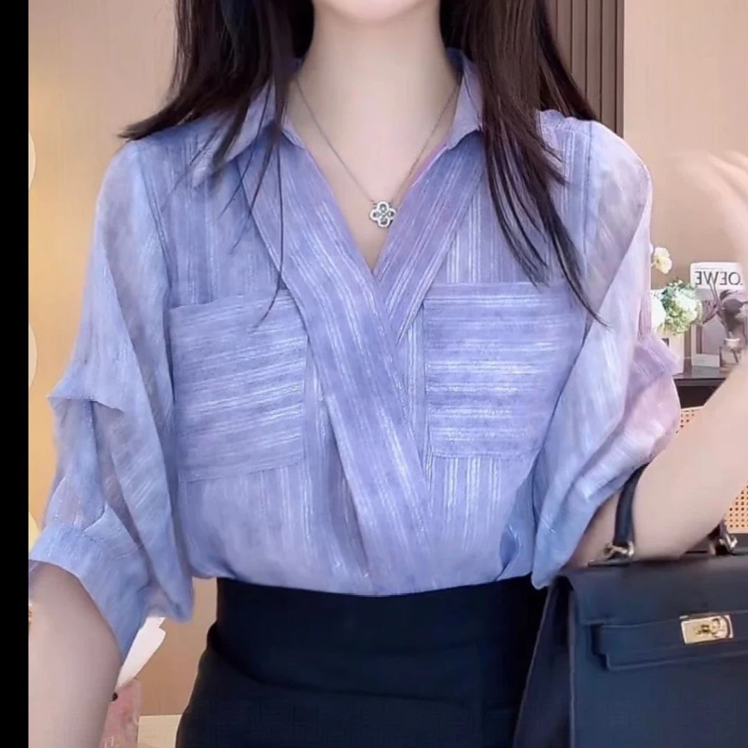夏季新款2025气质时尚翻领防晒衬衣设计宽松显瘦上衣女法式衬衫