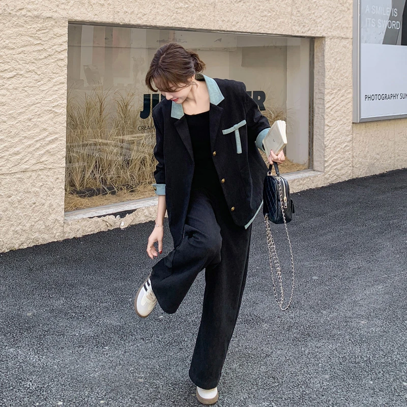 松弛感小众韩系撞色套装裤2025春秋新款高智感气质通勤风两件套潮