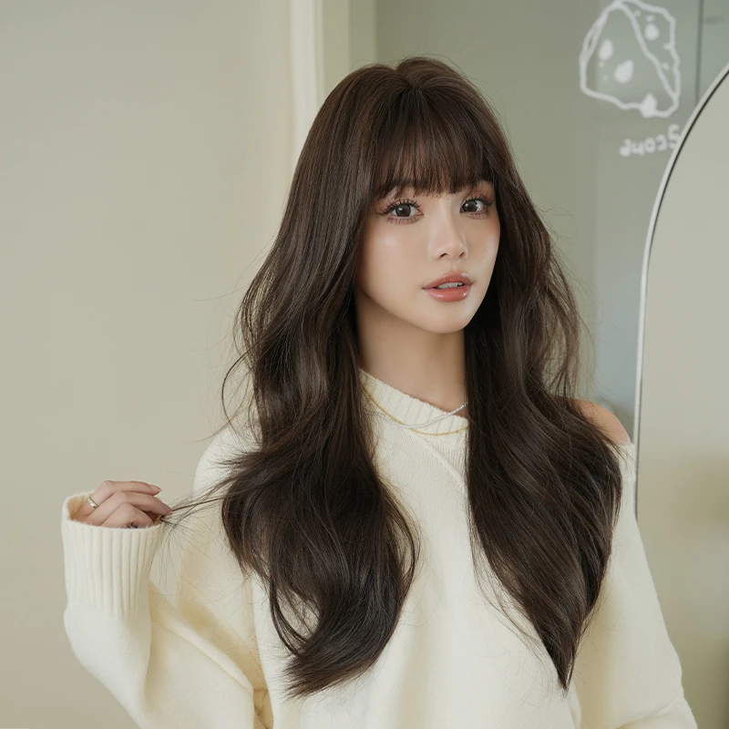 娜莓冷棕色机织齐刘海中长发微卷温柔可爱日常氛围感女全头套假发