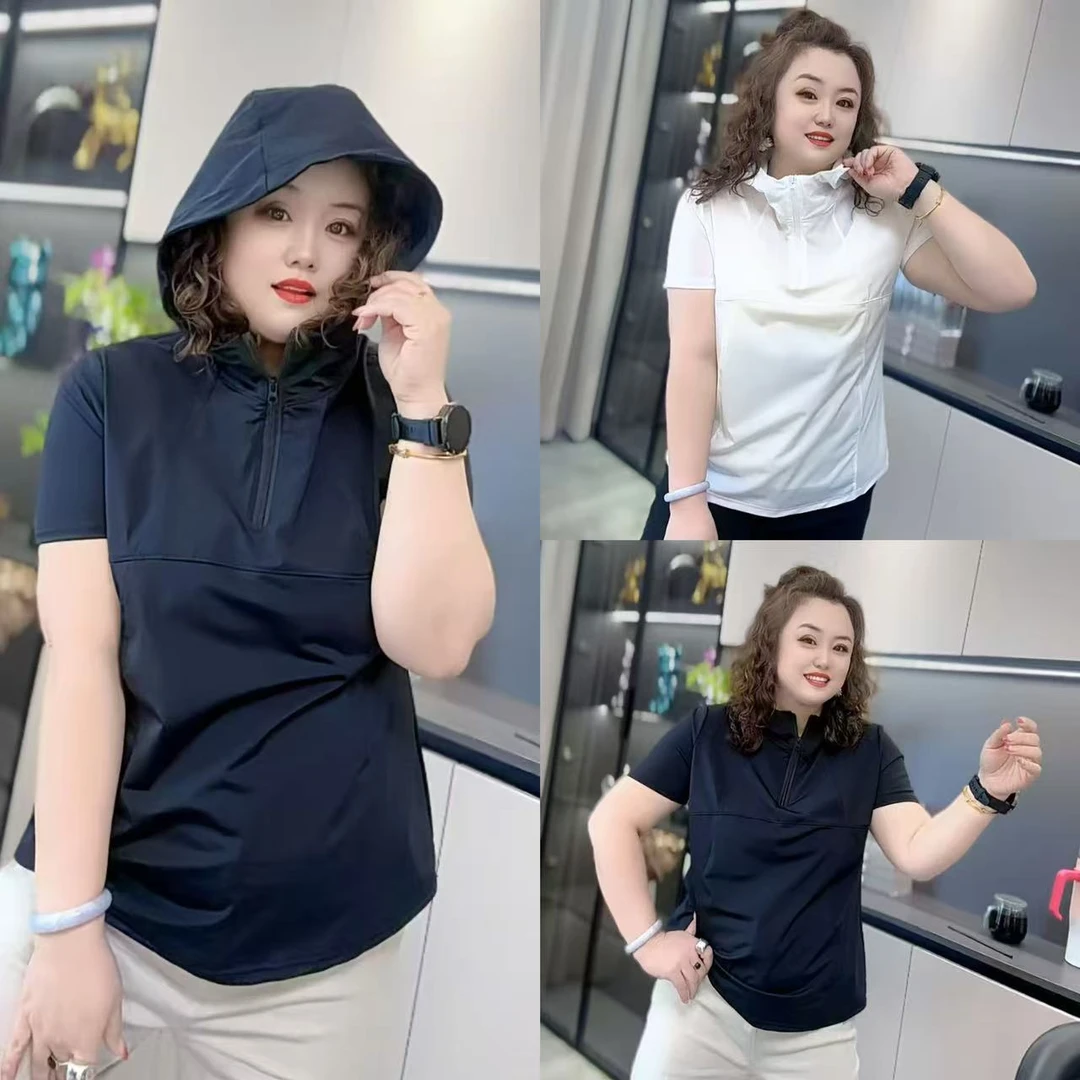 28702(丹姐家)冰冰凉半袖连帽百搭夏季新款宽松大码显瘦女装速干