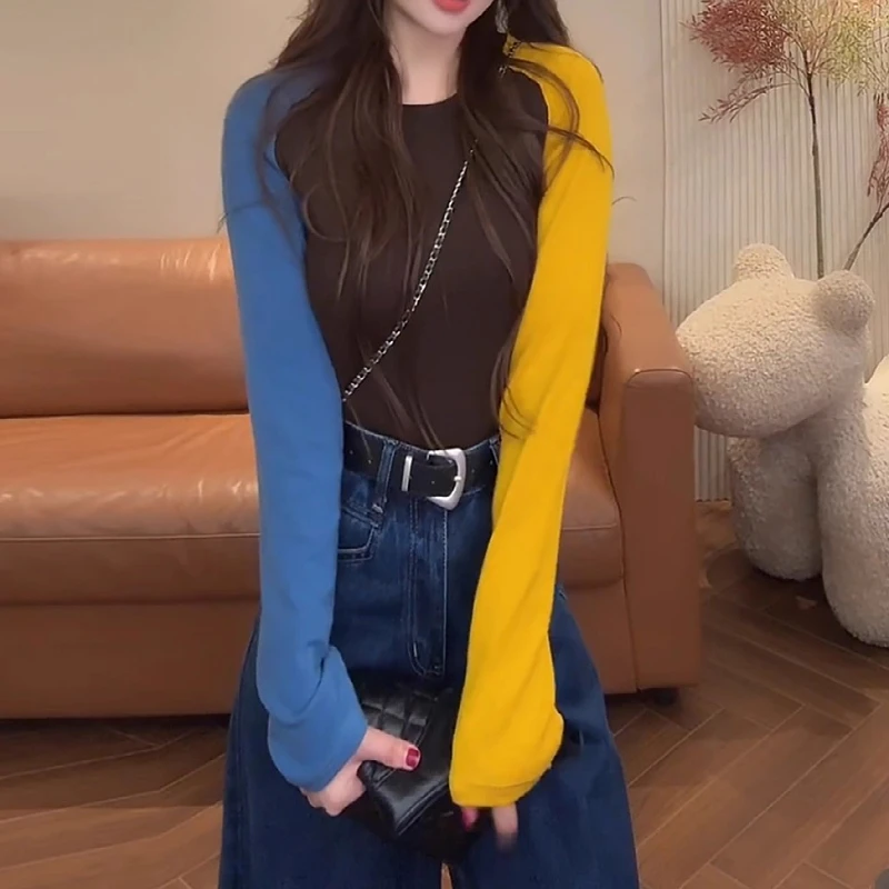 大尺码设计感撞色拼接长袖T恤女2025秋季胖MM洋派百搭显瘦打底上