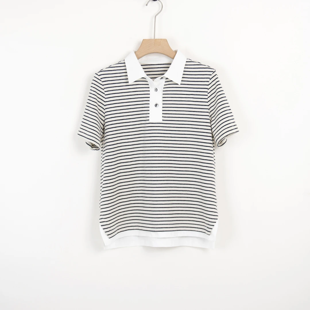 华人杰新款装短袖t恤宽松时尚休闲女质感百搭条纹内搭POLO领上衣