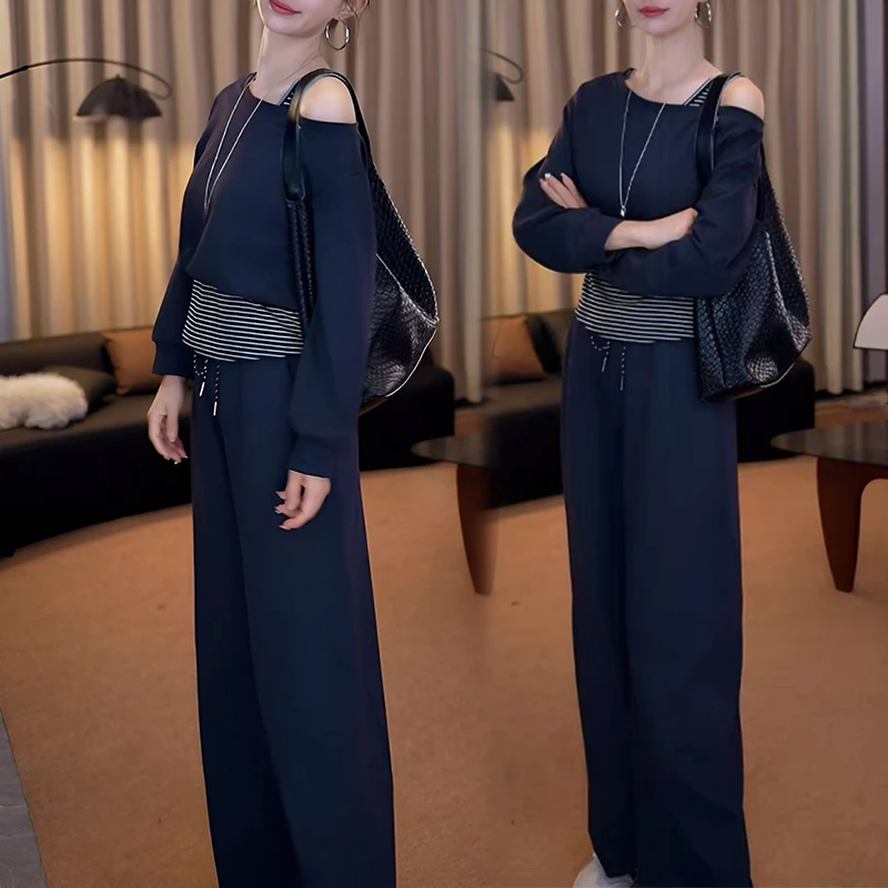 韩系慵懒风时尚套装女2025年春秋新款假两件露肩卫衣阔腿裤两件套