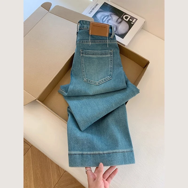 夏季新款两粒扣蓝色九分直筒裤梨型身材高腰显瘦小个子阔腿奶奶裤