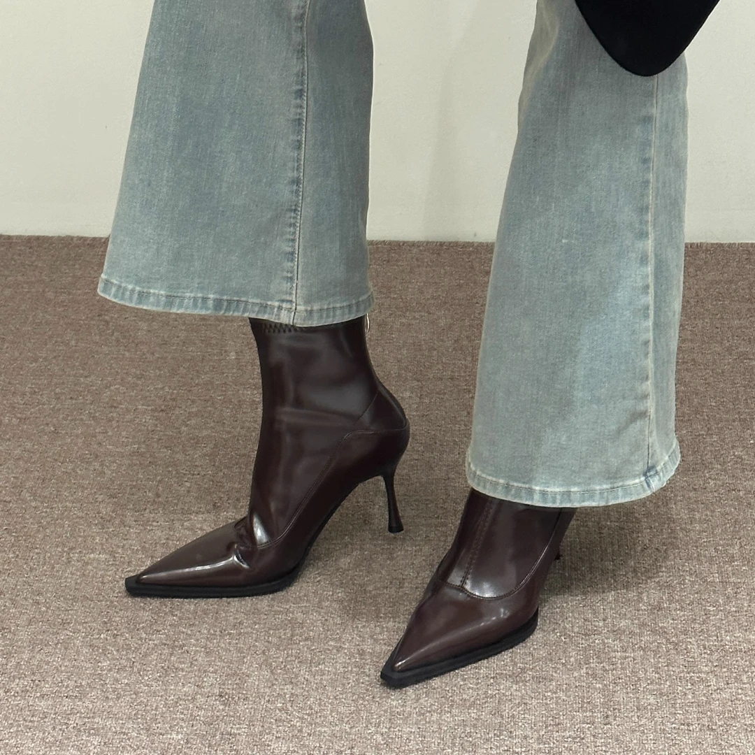 2025秋季新品瘦瘦靴女细跟高跟尖头气质软皮后拉链韩版百搭短筒靴