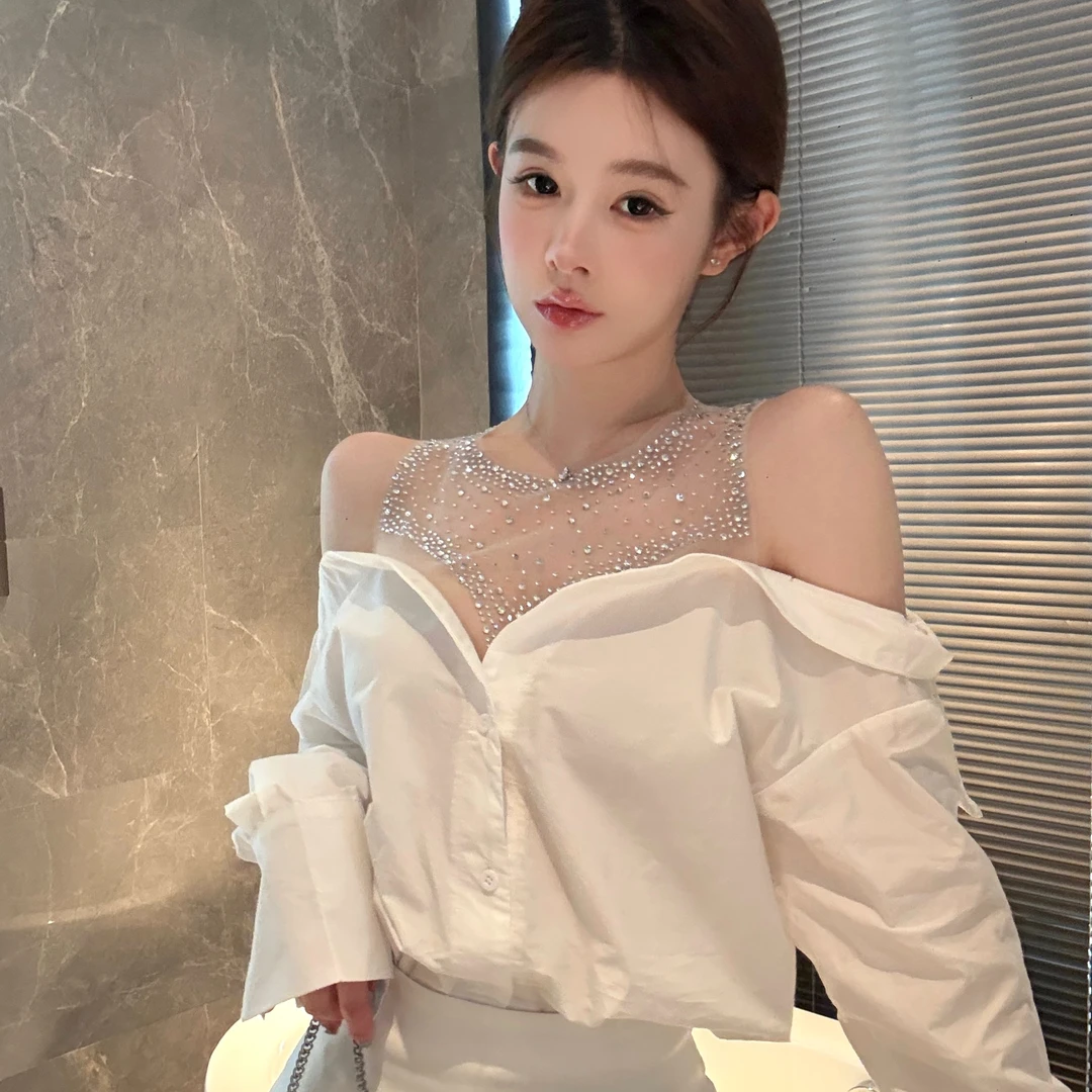 设计感一字肩烫钻网纱拼接假两件衬衣女秋冬季高级感露肩长袖上衣