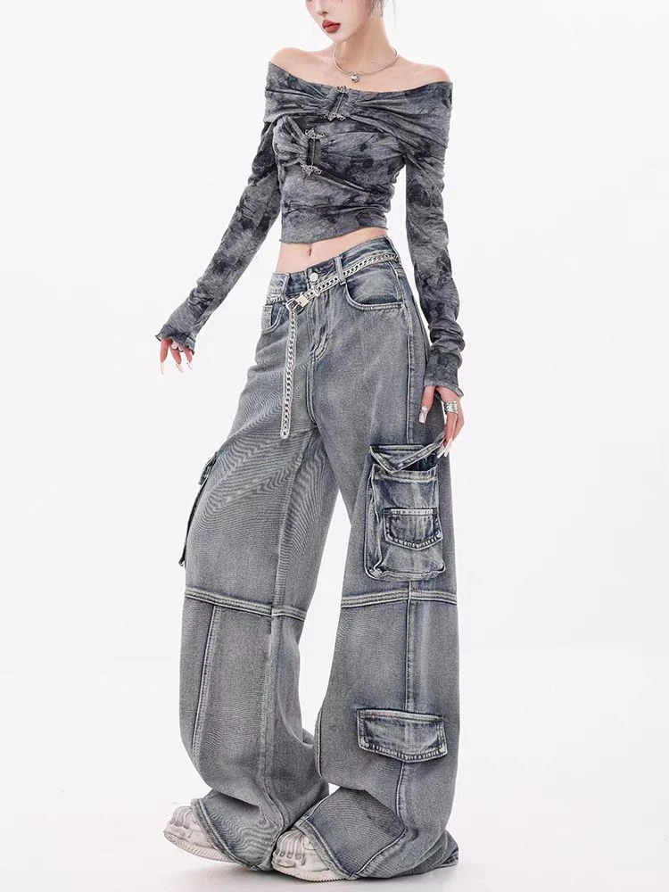 高端潮工装牛仔春季款2025直筒牛仔裤高腰女款爆款2025新款阔腿裤