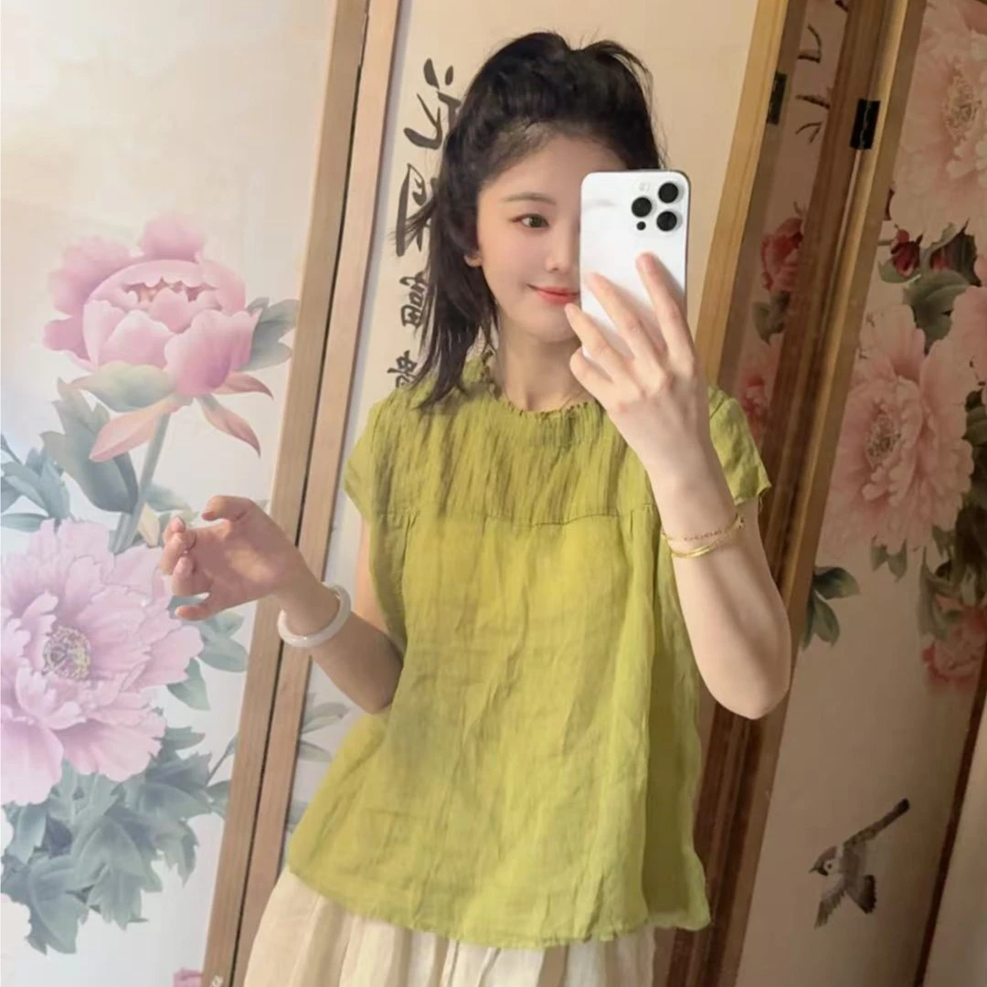82617 国风中式纯色苎麻上衣小衫女2025夏季新款百搭文艺女士衬衫