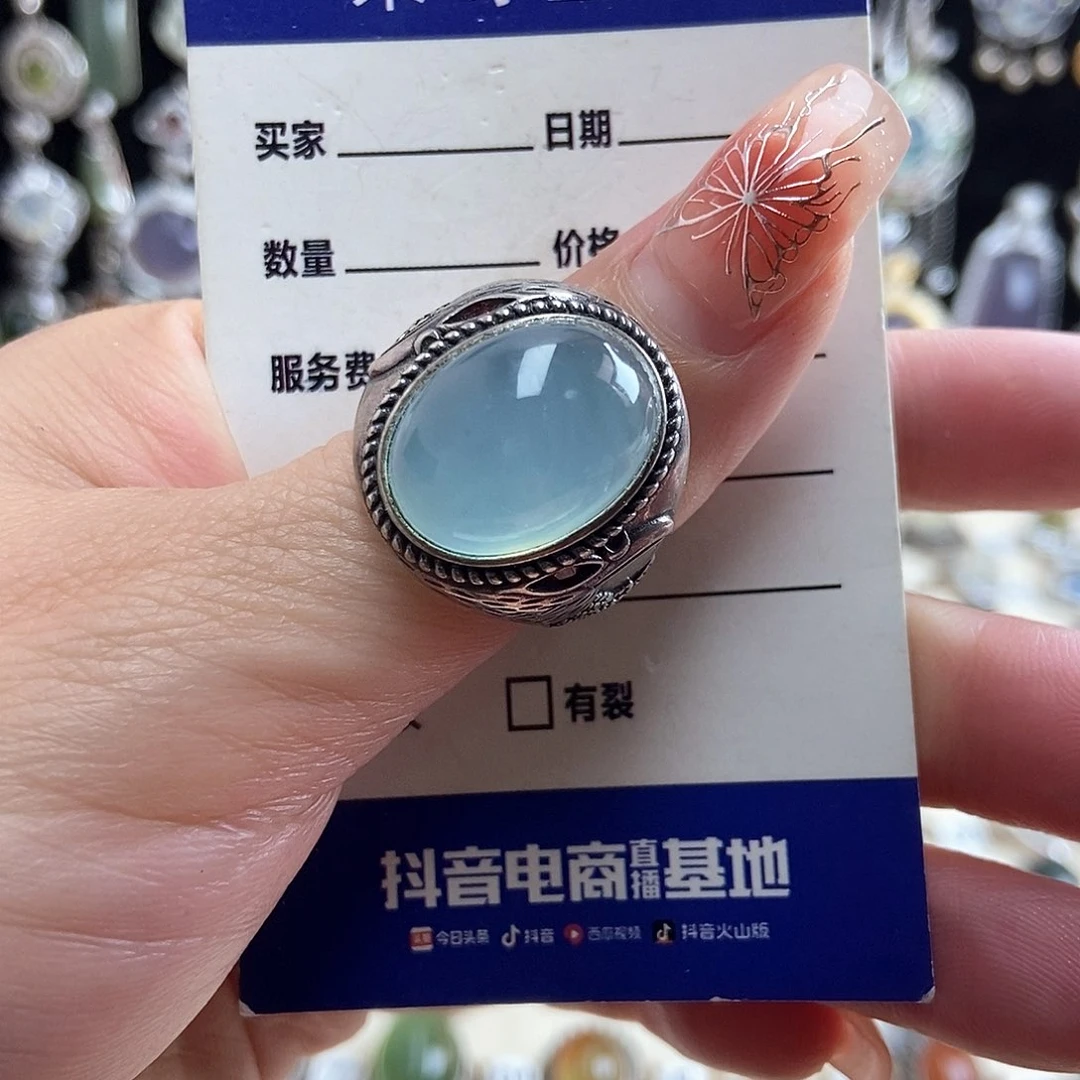 岫玉银S925镶嵌戒指笑*尘