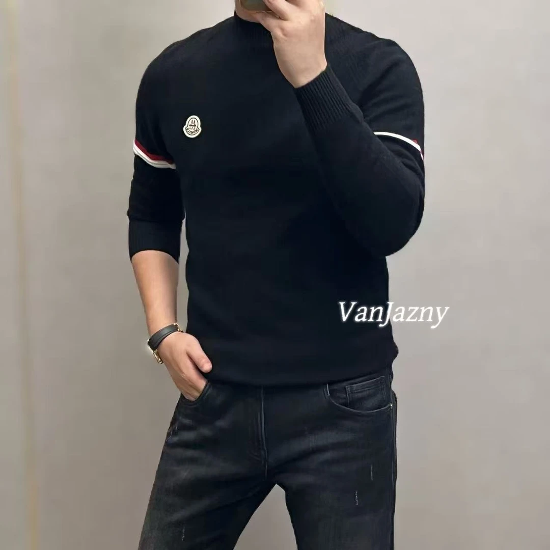 【VanJazny】新款高端男士条纹拼接不规则胸标圆领羊毛衫1203