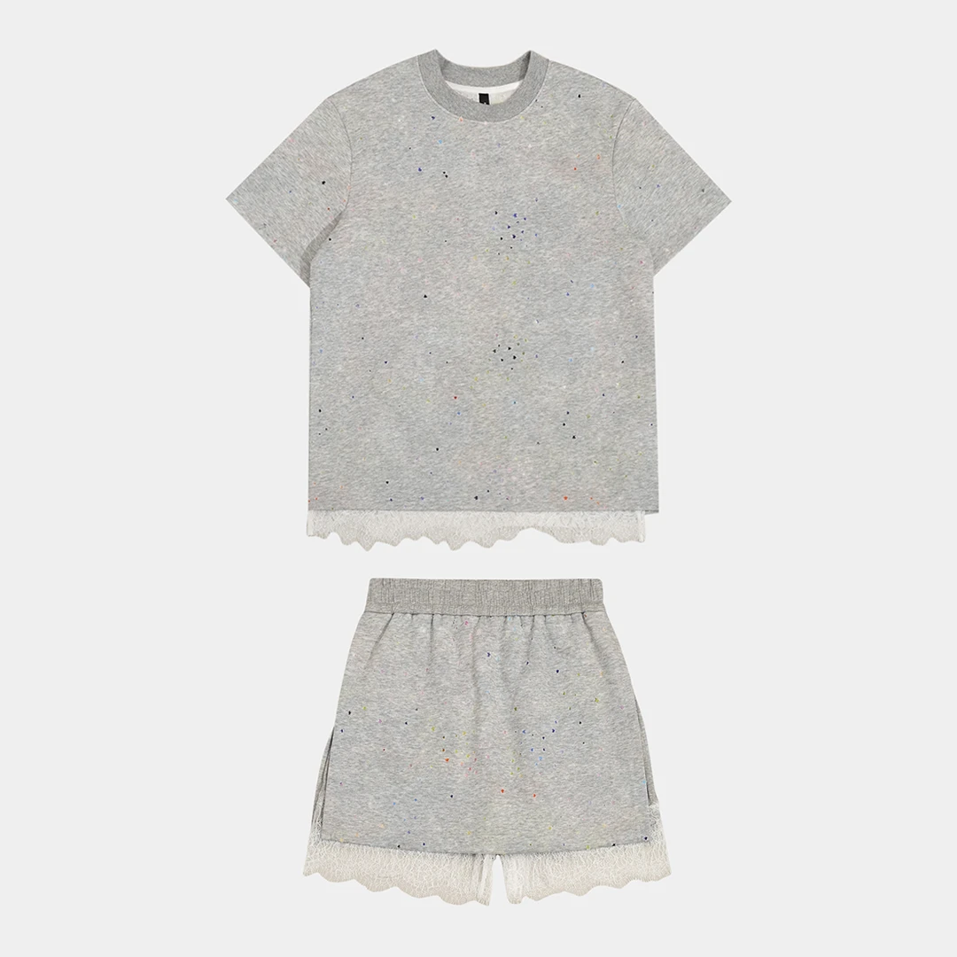 GGAHOLIDAY夏季时尚休闲宽松洋气蕾丝拼接灰色裤裙套装-152434/1