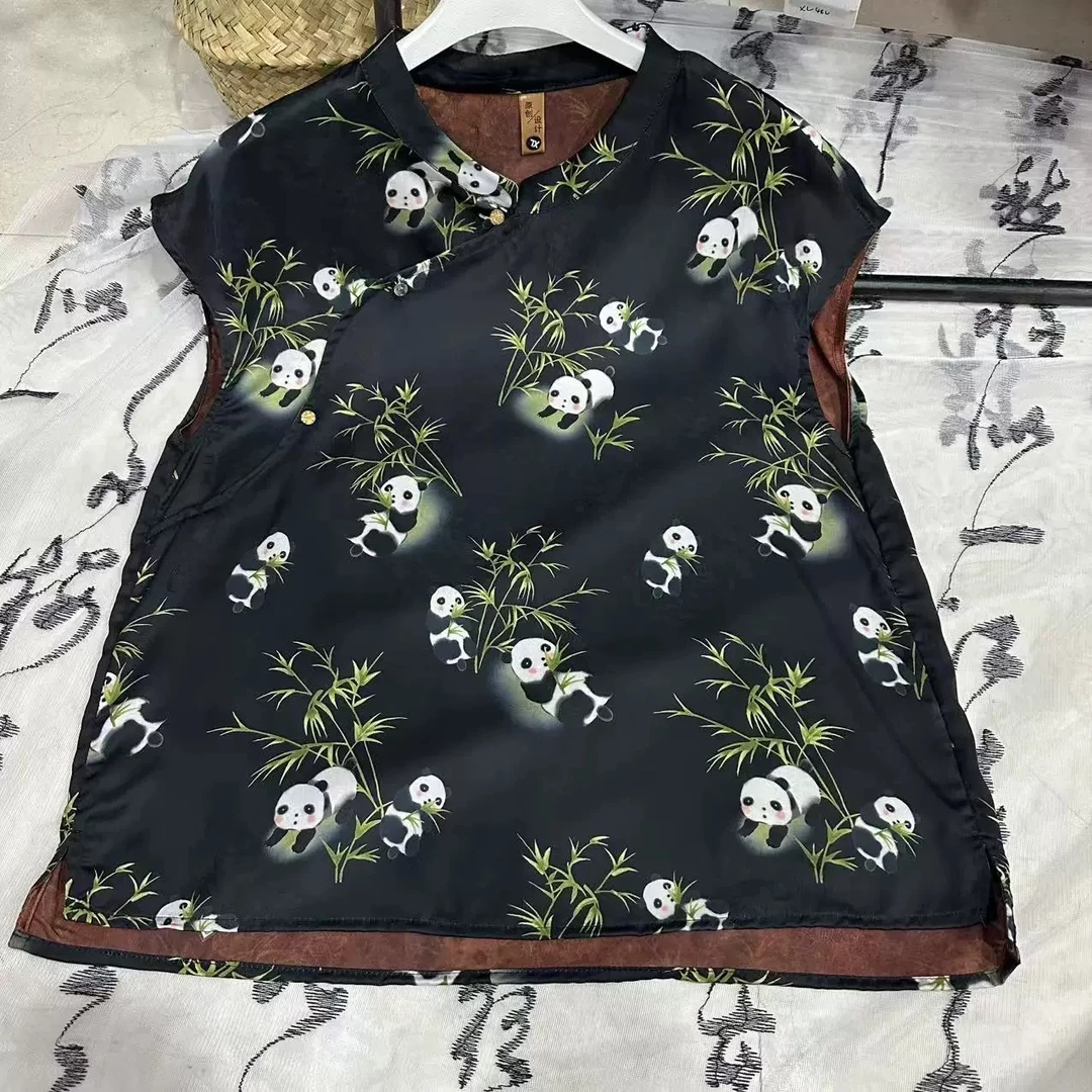中长款斜襟短袖熊猫薄款上衣百搭小衫气质夏季1044