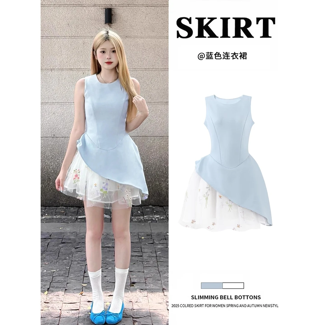 蓝色无袖连衣裙女夏日独特漂亮冷淡系a字花苞短裙多巴胺掐腰裙子
