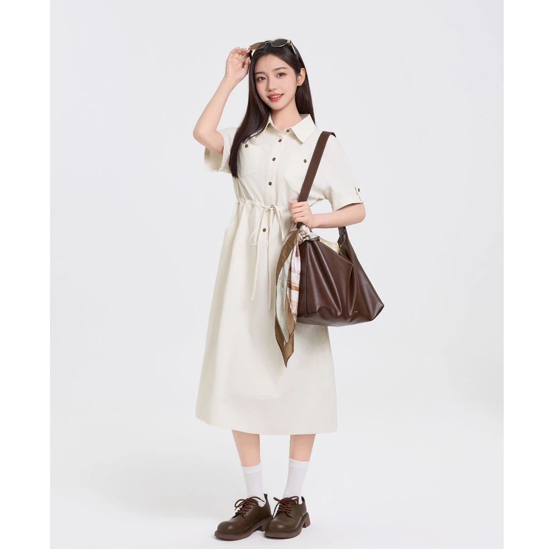 三福【商场同款】工装连衣裙收腰设计翻领显瘦中长款衬衫裙500272