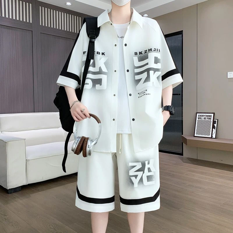 套装夏季短袖衬衫宽松搭配短裤潮流一套帅气衣服休闲青少年两件套