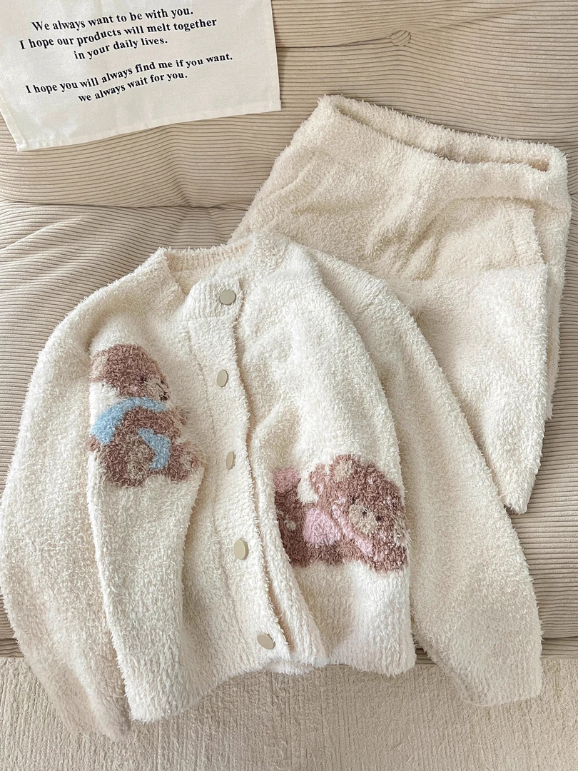 少女卡通小熊针织半边绒开衫睡衣女秋冬季新款加厚保暖家居服套装