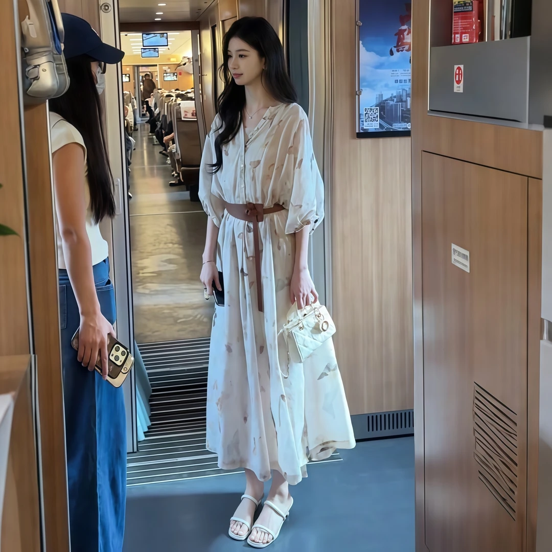 法式半袖印花连衣裙女2025夏季新款高级感复古时尚修身长裙三件套