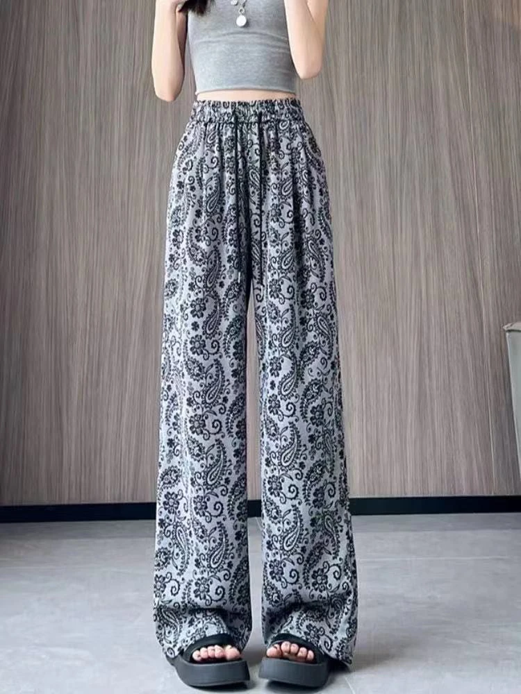 夏季印花复古阔腿裤子2025新款薄款宽松显瘦休闲直筒运动裤