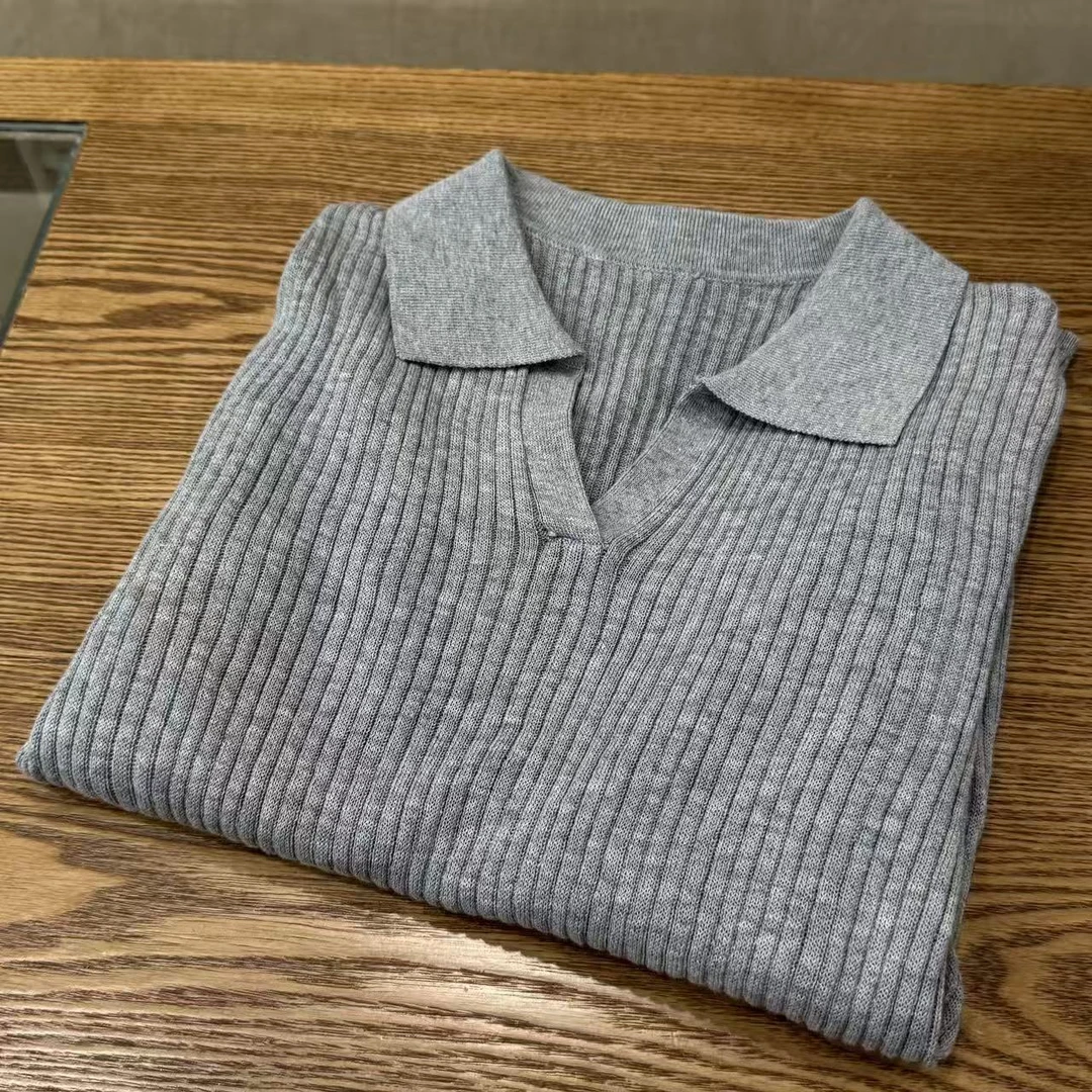 IN HERE 灰色V领polo长袖秋季百搭毛针织衫翻领套衫时尚