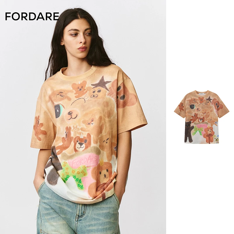 FORDARE/福蝶25早秋小熊大作战满印T恤纯棉宽松张雅琪花少短袖
