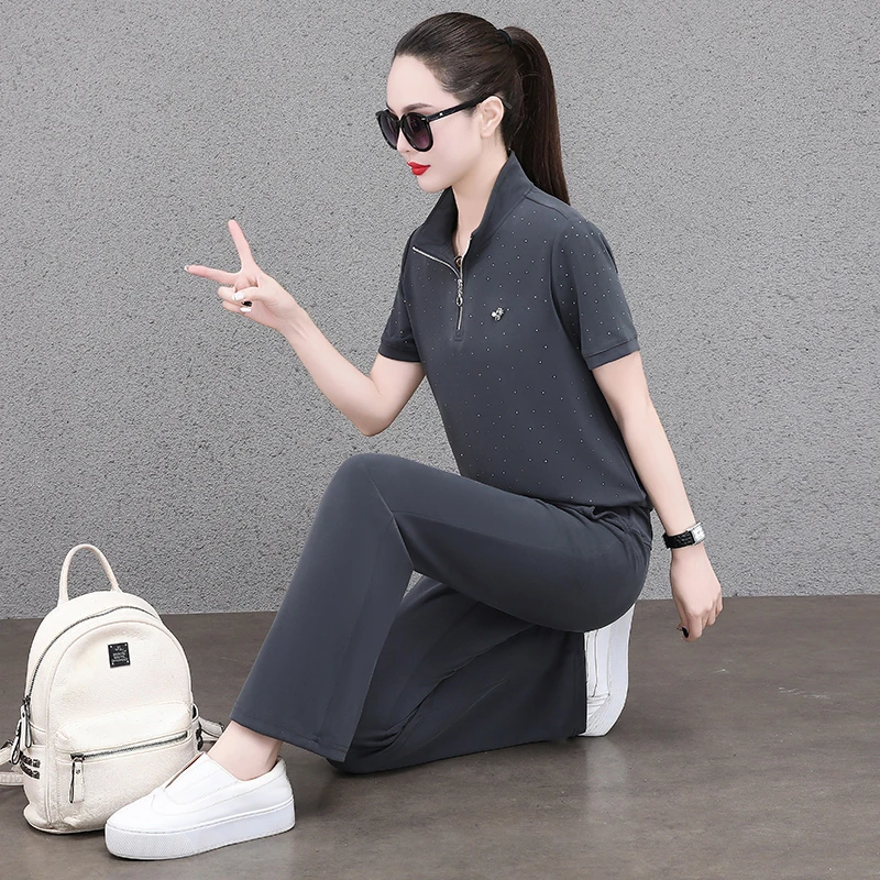 时尚运动套装女夏季新款短袖T恤两件套韩版洋气显瘦休闲大码套装