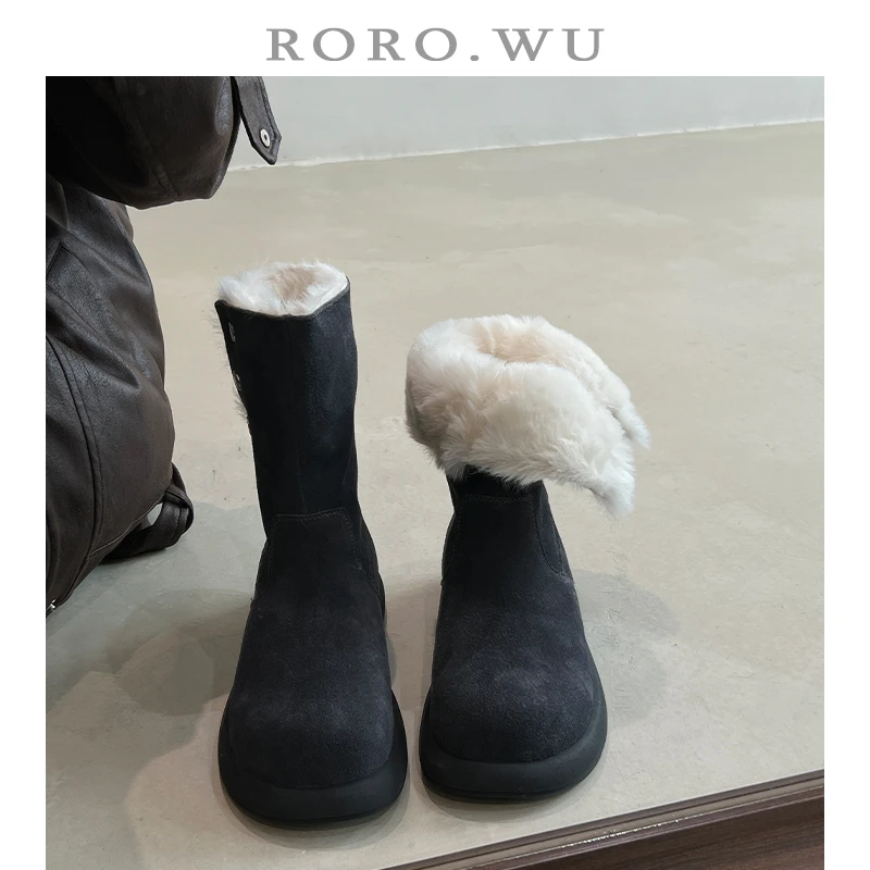 娆娆吴·磨砂牛皮简约加绒保暖毛毛短靴冬季新款厚底雪地靴女M10