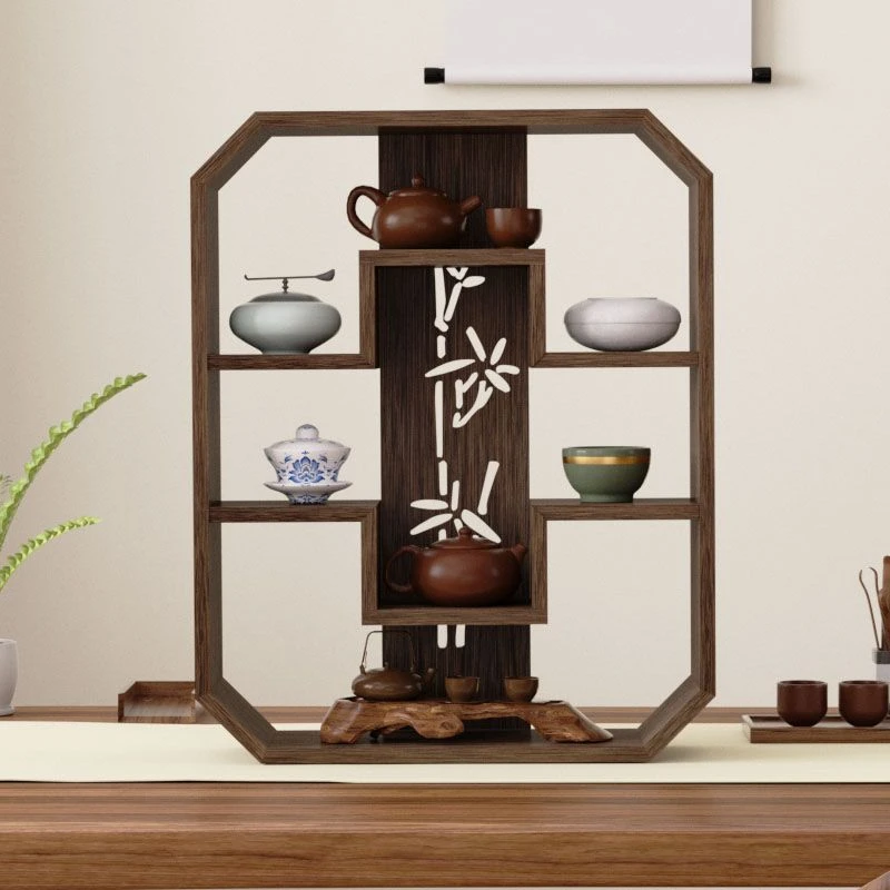 现代简约中式两层挂墙泡桐木茶具架客厅置物多层收纳烟熏工艺环保